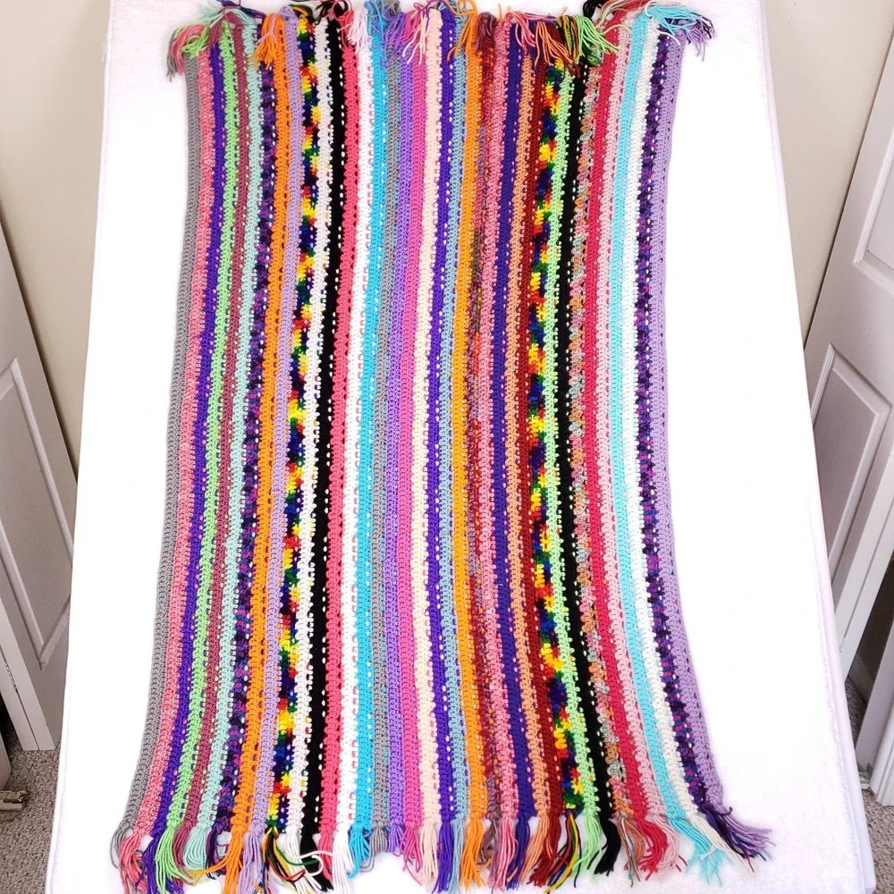 Handmade Multicolor Crochet Knit Blanket 35x60 Boho Retro Fringe Throw‎